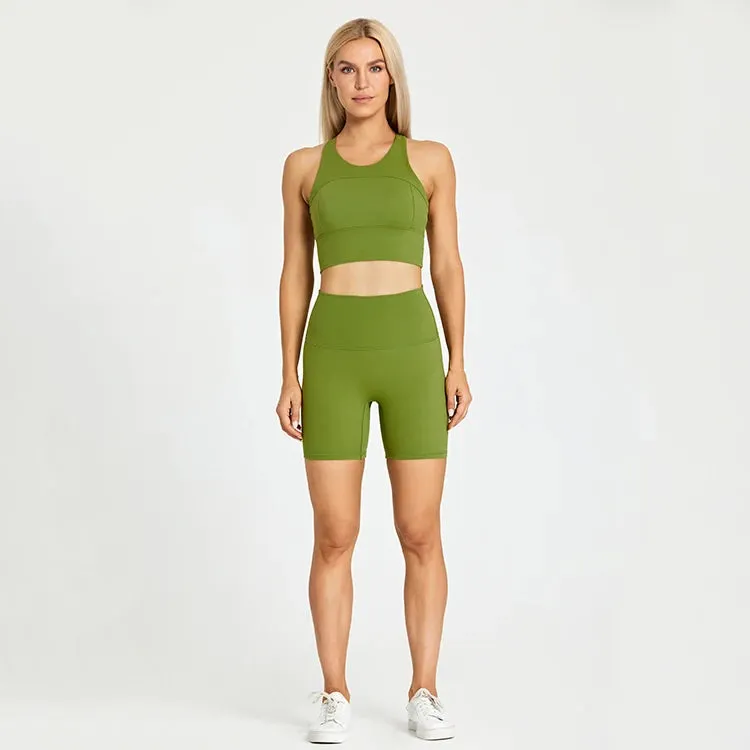 Brushed Nylon Workout Set for Women - 2 Piece Racerback Sports Bra Crop Tank Top and High Waist Short Leggings Set