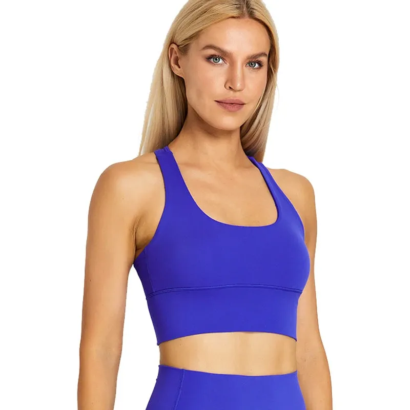 Brushed Strappy Longline Sports Bra for Women - Wirefree Criss-Cross Back