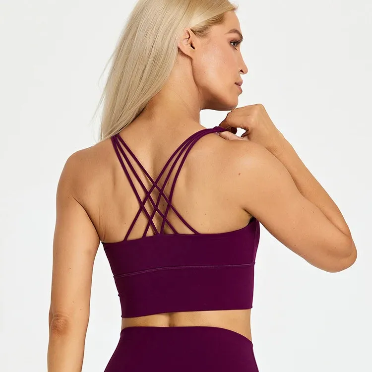 Brushed Strappy Longline Sports Bra for Women - Wirefree Criss-Cross Back