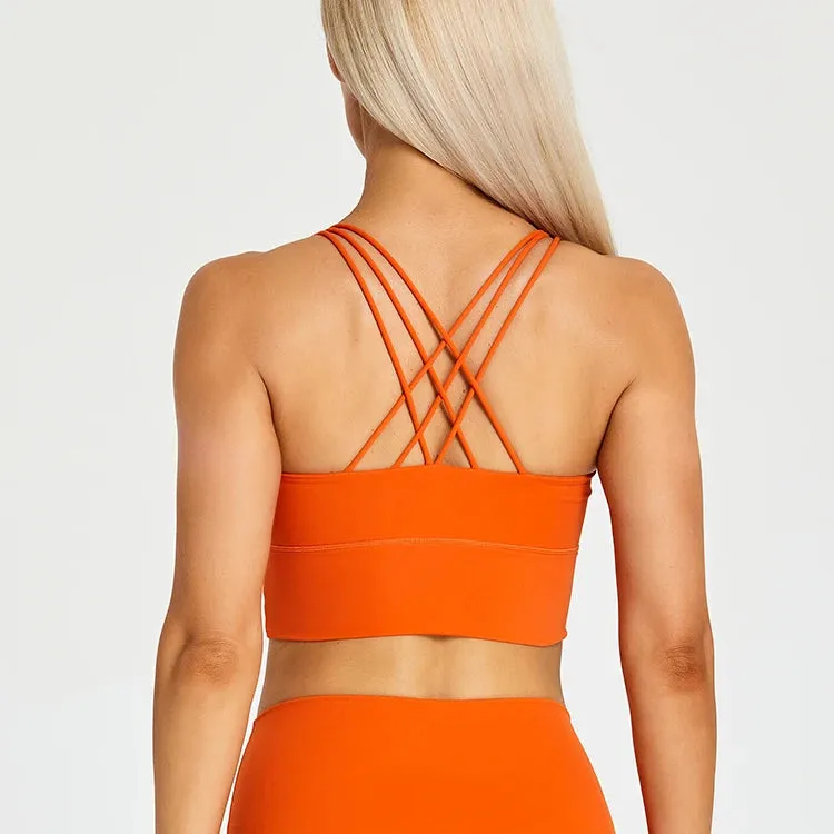 Brushed Strappy Longline Sports Bra for Women - Wirefree Criss-Cross Back