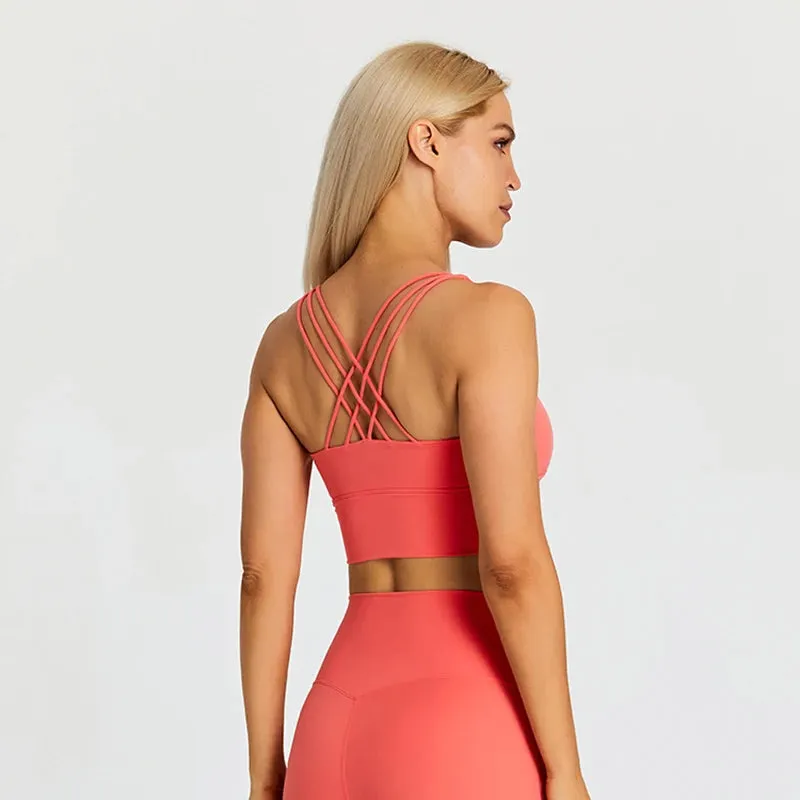 Brushed Strappy Longline Sports Bra for Women - Wirefree Criss-Cross Back
