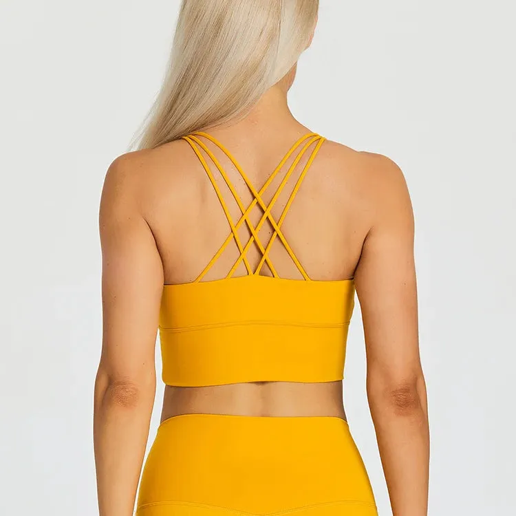 Brushed Strappy Longline Sports Bra for Women - Wirefree Criss-Cross Back