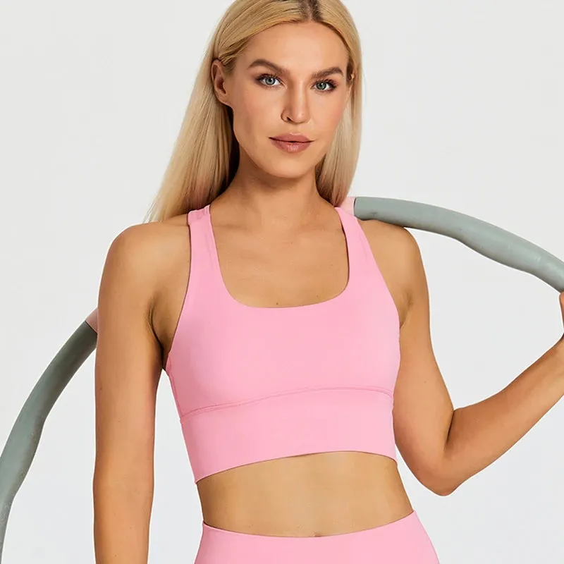 Brushed Strappy Longline Sports Bra for Women - Wirefree Criss-Cross Back
