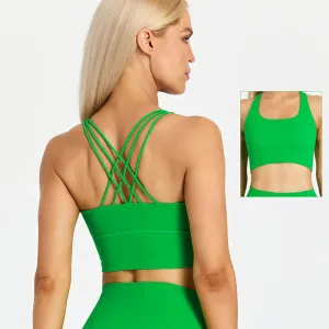 Brushed Strappy Longline Sports Bra for Women - Wirefree Criss-Cross Back