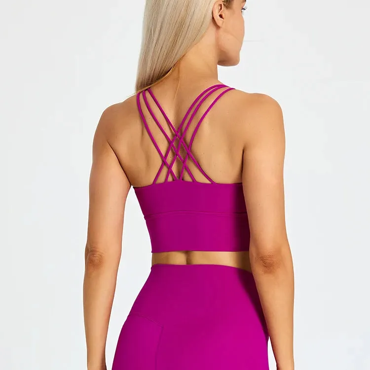 Brushed Strappy Longline Sports Bra for Women - Wirefree Criss-Cross Back