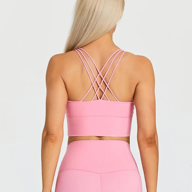 Brushed Strappy Longline Sports Bra for Women - Wirefree Criss-Cross Back