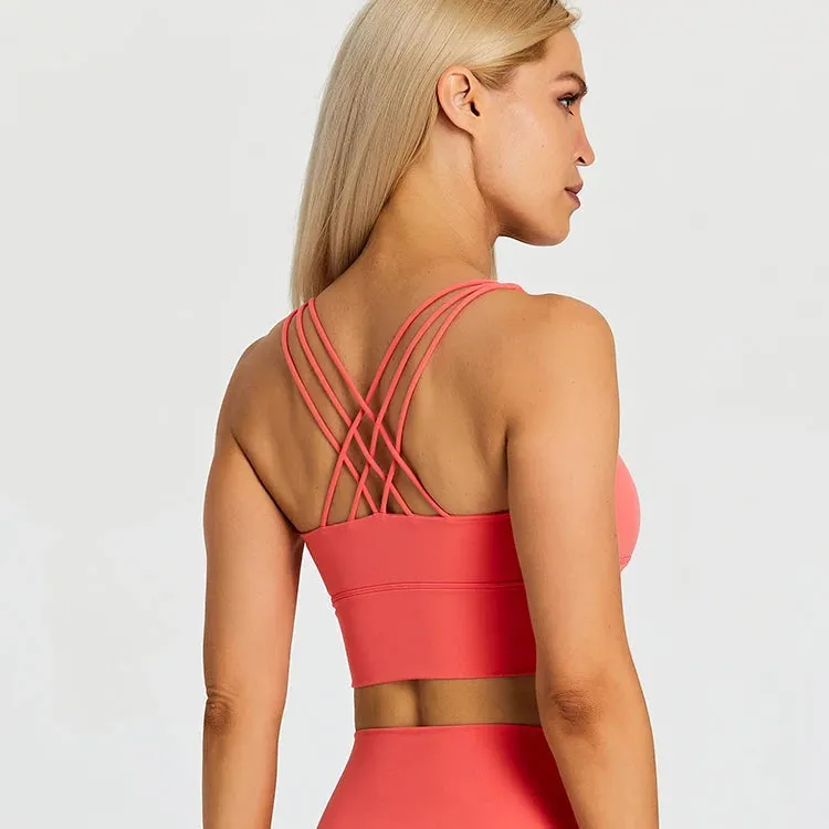 Brushed Strappy Longline Sports Bra for Women - Wirefree Criss-Cross Back