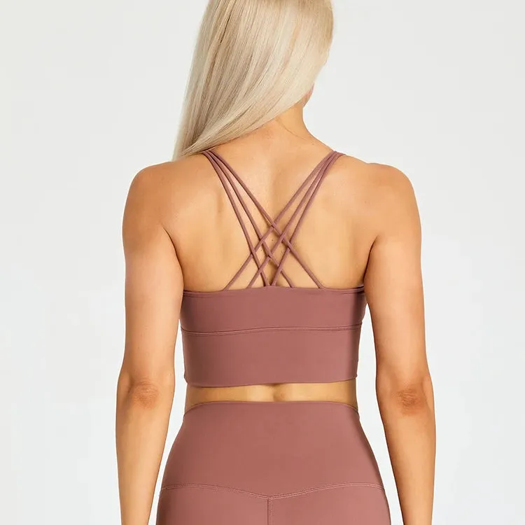 Brushed Strappy Longline Sports Bra for Women - Wirefree Criss-Cross Back