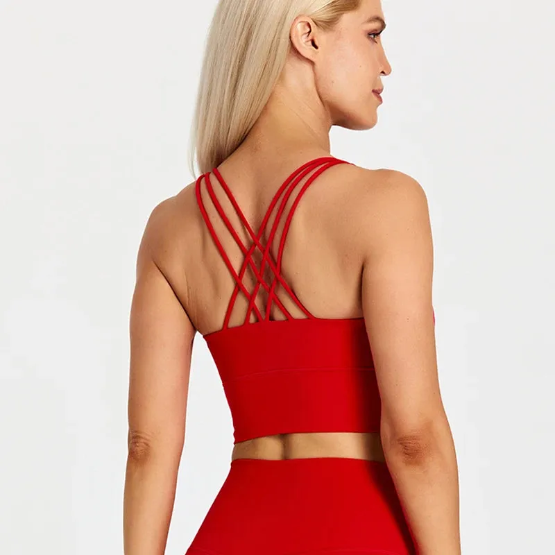 Brushed Strappy Longline Sports Bra for Women - Wirefree Criss-Cross Back