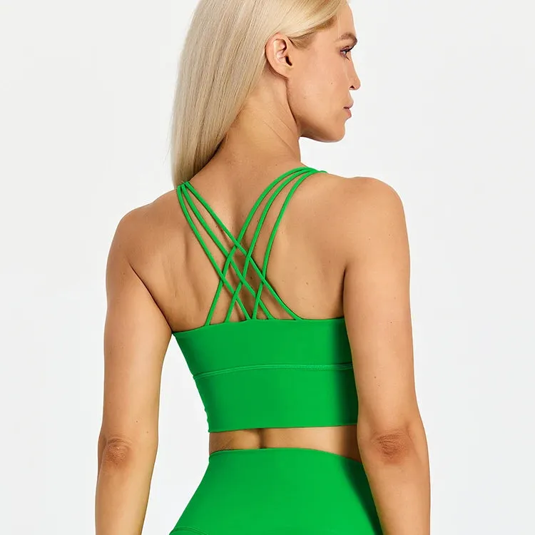 Brushed Strappy Longline Sports Bra for Women - Wirefree Criss-Cross Back