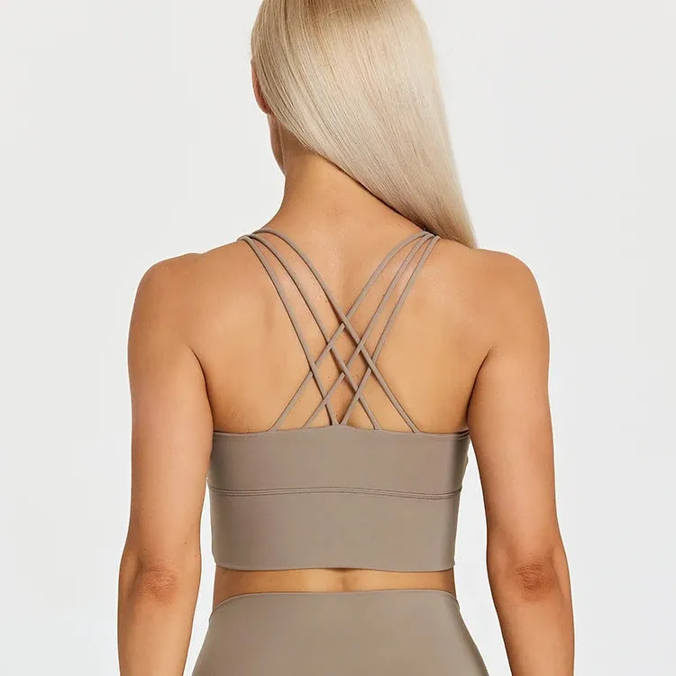 Brushed Strappy Longline Sports Bra for Women - Wirefree Criss-Cross Back