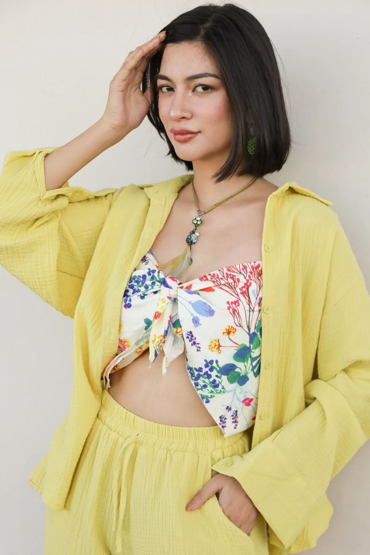 CADENCE Long-Sleeve Button-down Top & Shorts Co-ord (Lime Yellow)