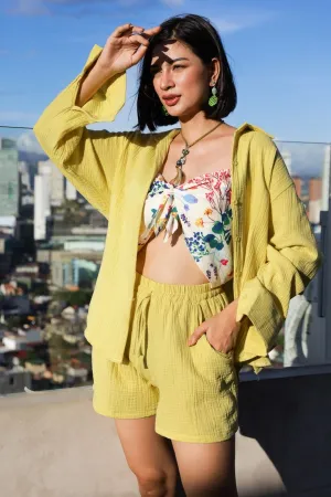 CADENCE Long-Sleeve Button-down Top & Shorts Co-ord (Lime Yellow)