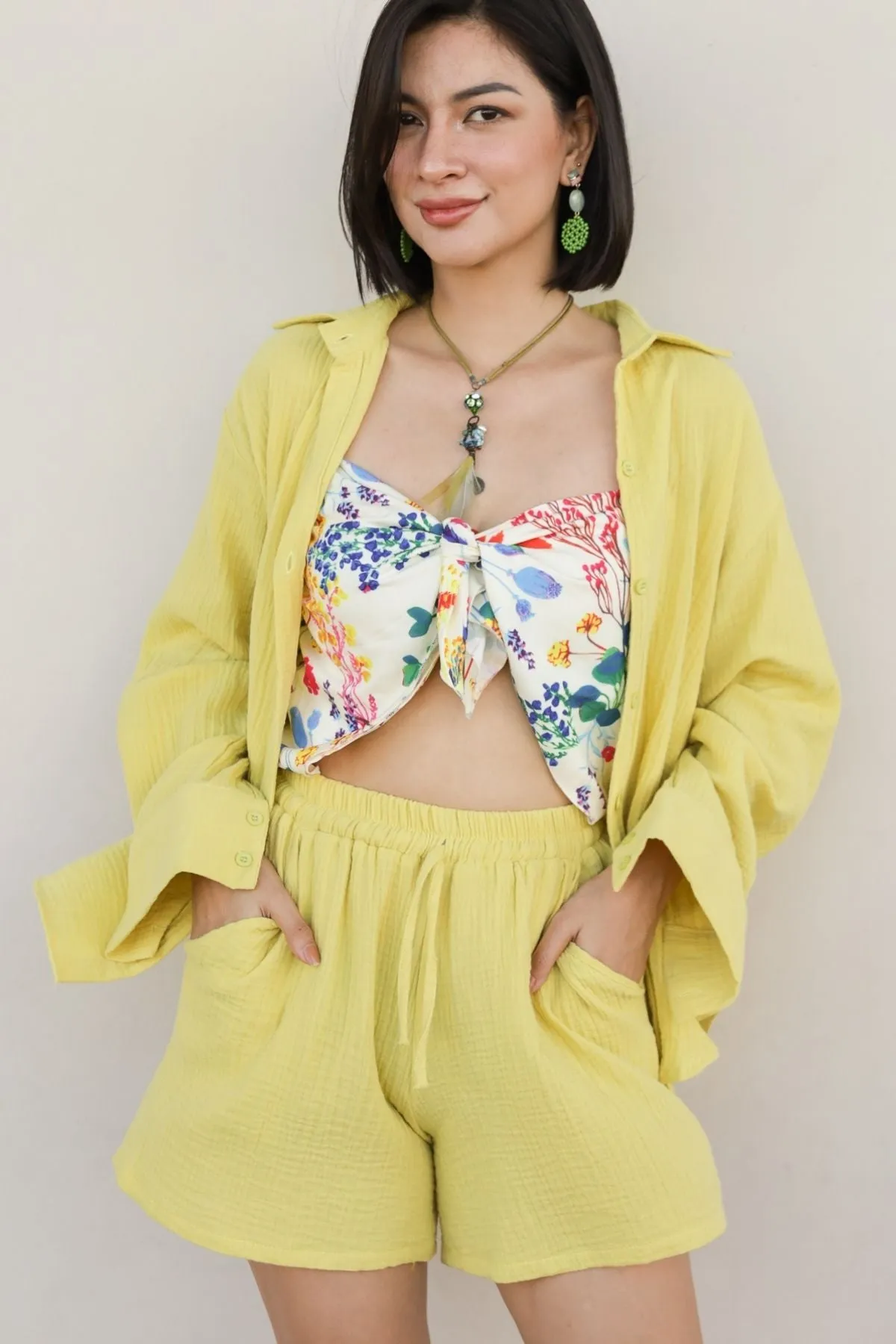 CADENCE Long-Sleeve Button-down Top & Shorts Co-ord (Lime Yellow)
