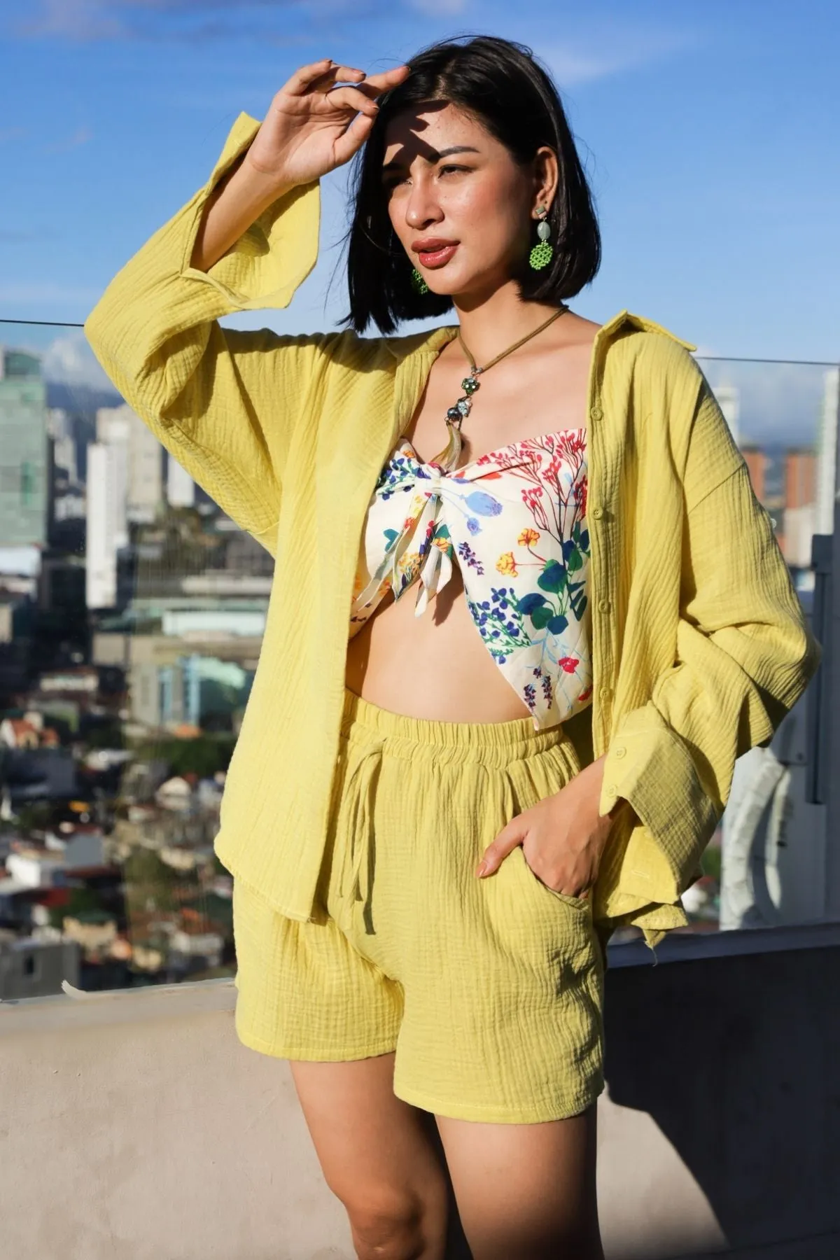 CADENCE Long-Sleeve Button-down Top & Shorts Co-ord (Lime Yellow)