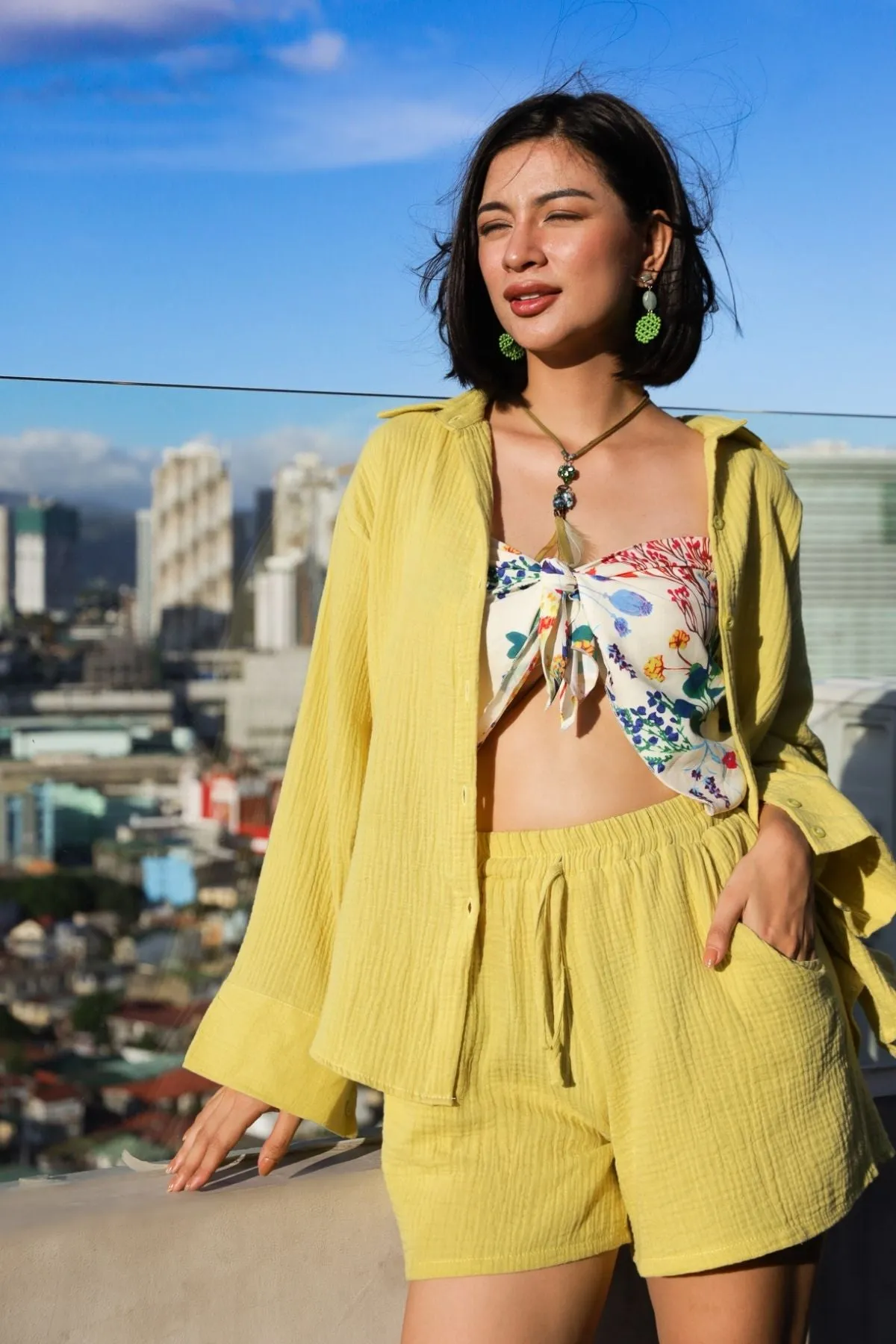 CADENCE Long-Sleeve Button-down Top & Shorts Co-ord (Lime Yellow)