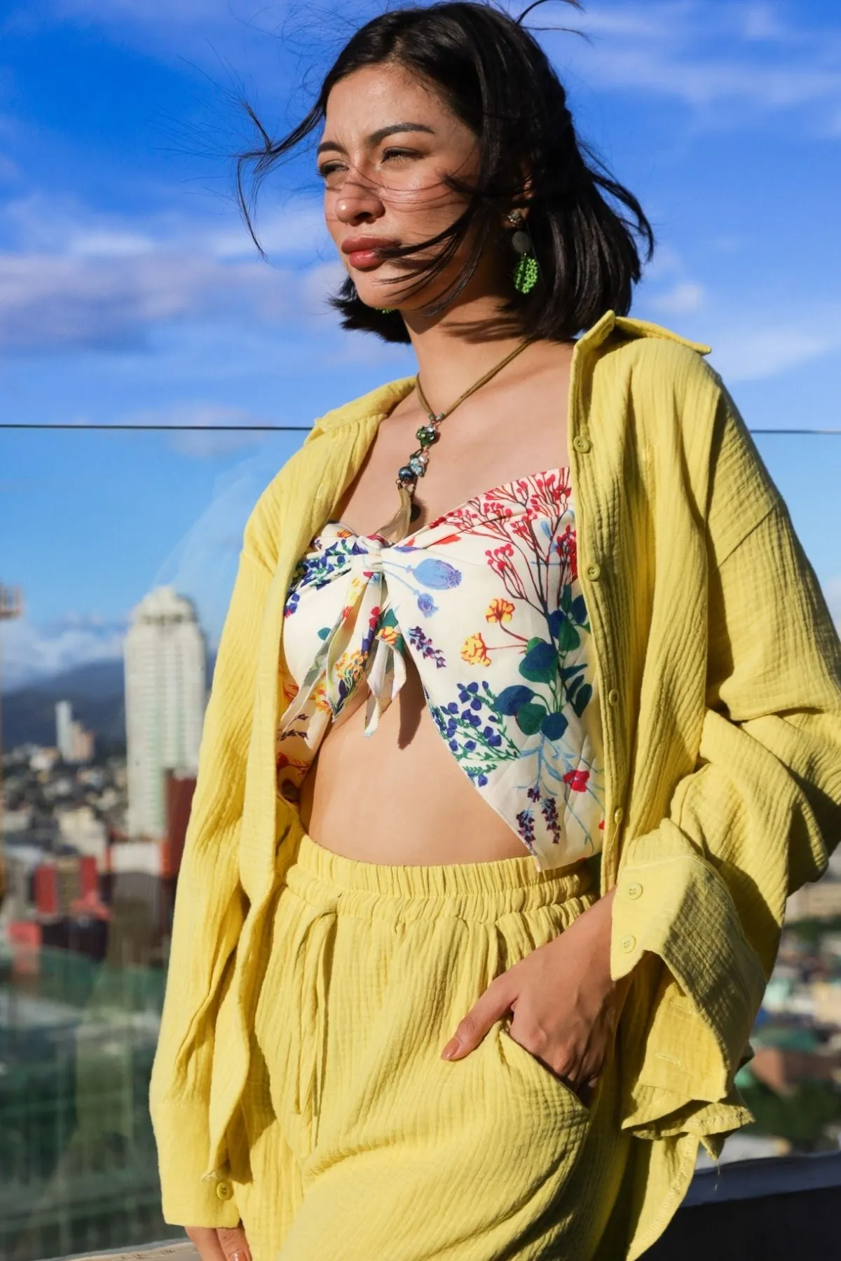 CADENCE Long-Sleeve Button-down Top & Shorts Co-ord (Lime Yellow)