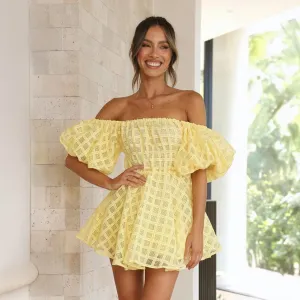 Checkered Flair Dress: Off-Shoulder & Puffed Sleeves
