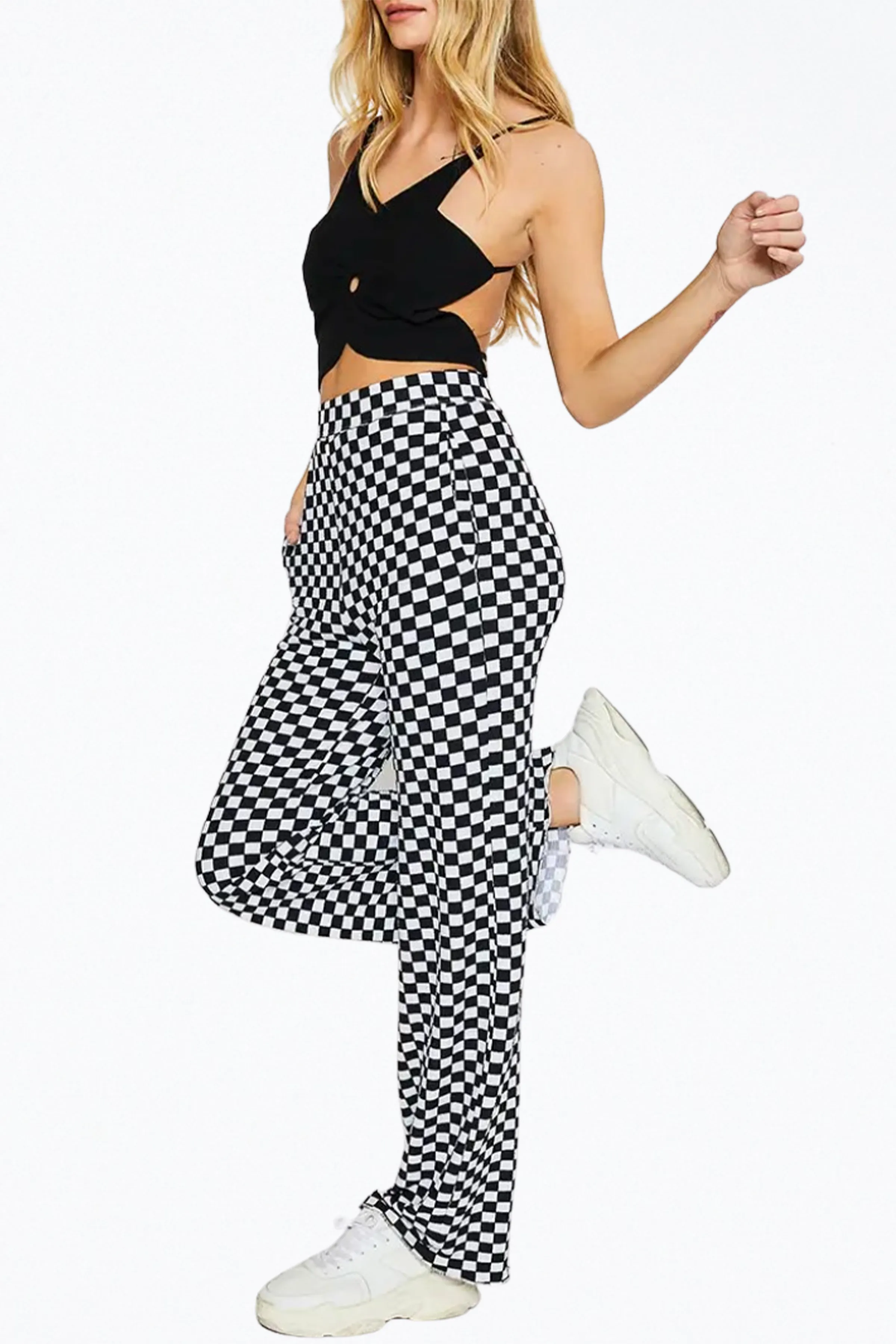 CHECKERED PLISSÉ-KNIT WIDE-LEG PANTS
