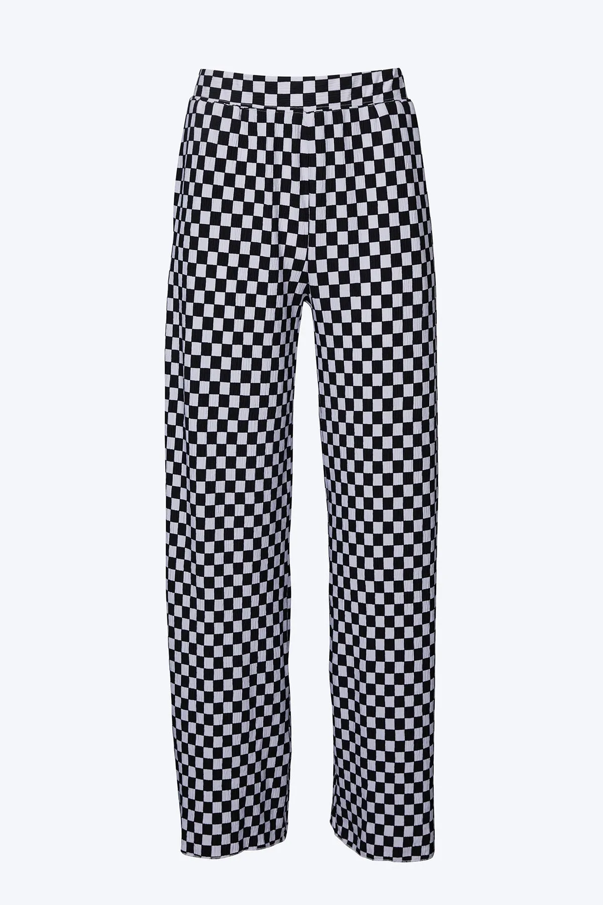 CHECKERED PLISSÉ-KNIT WIDE-LEG PANTS