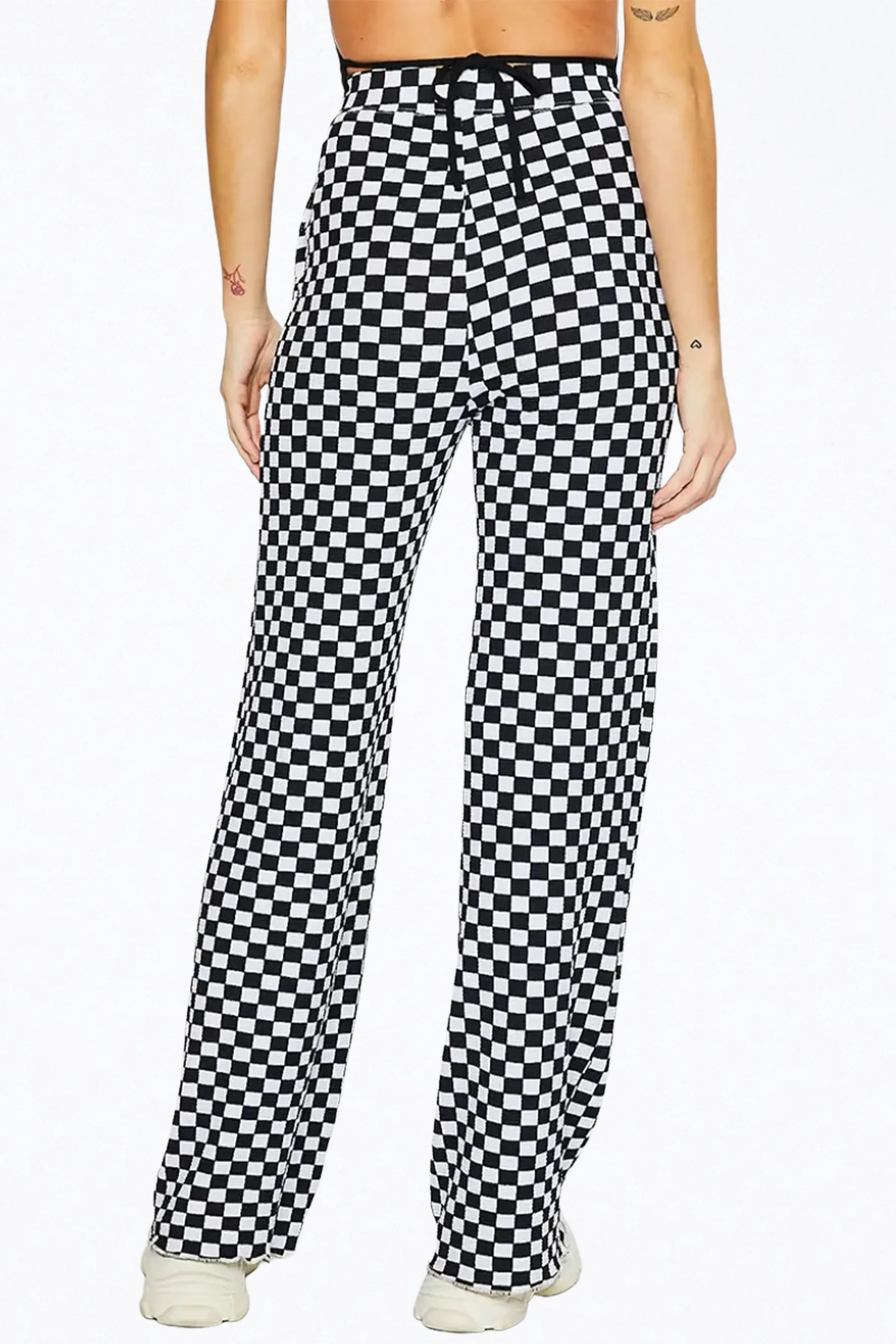 CHECKERED PLISSÉ-KNIT WIDE-LEG PANTS