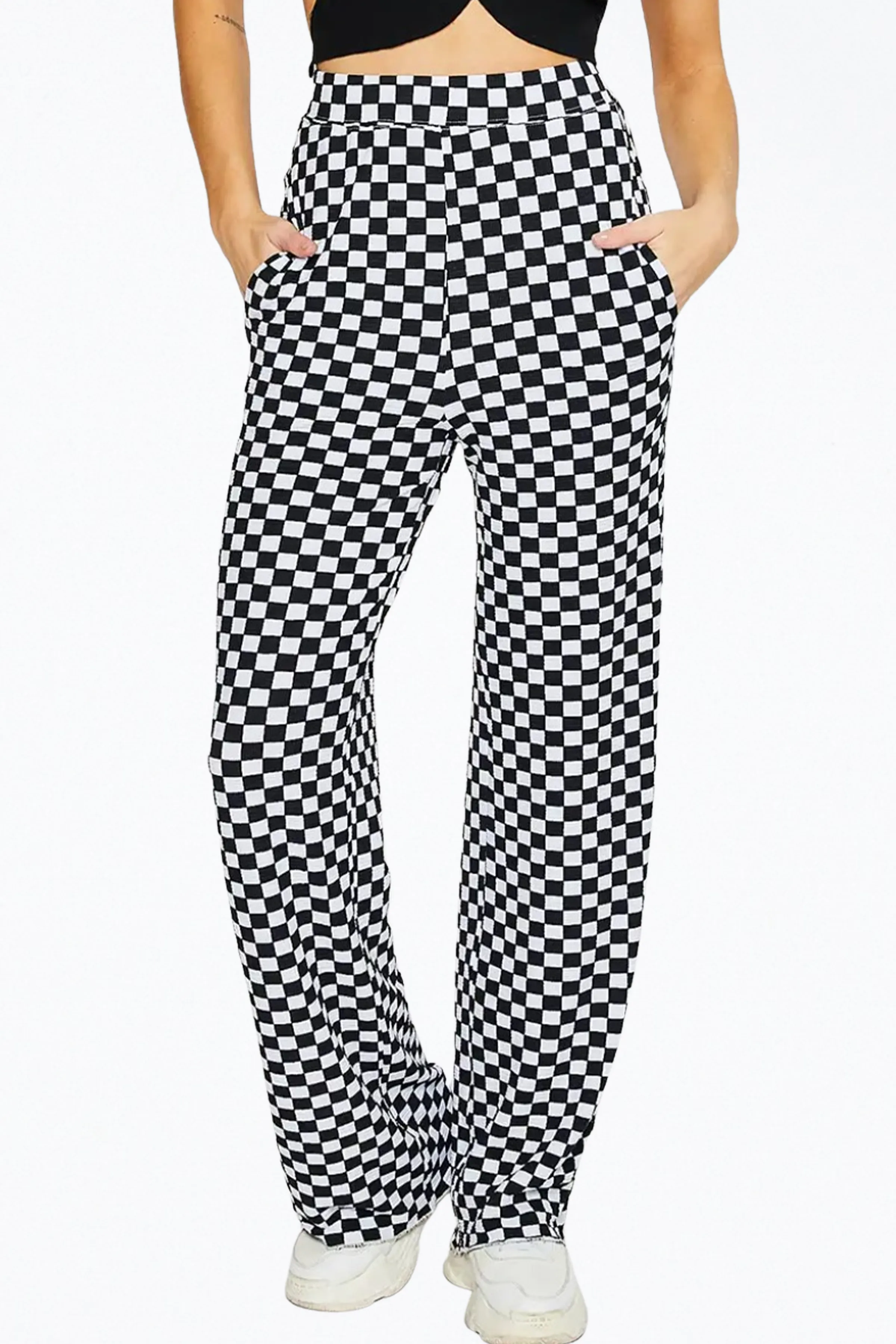 CHECKERED PLISSÉ-KNIT WIDE-LEG PANTS