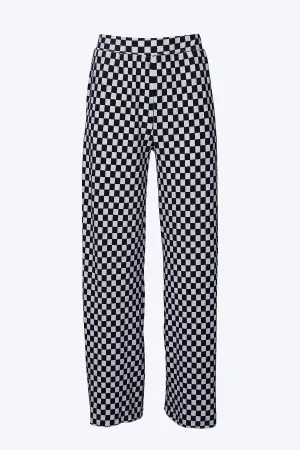 CHECKERED PLISSÉ-KNIT WIDE-LEG PANTS
