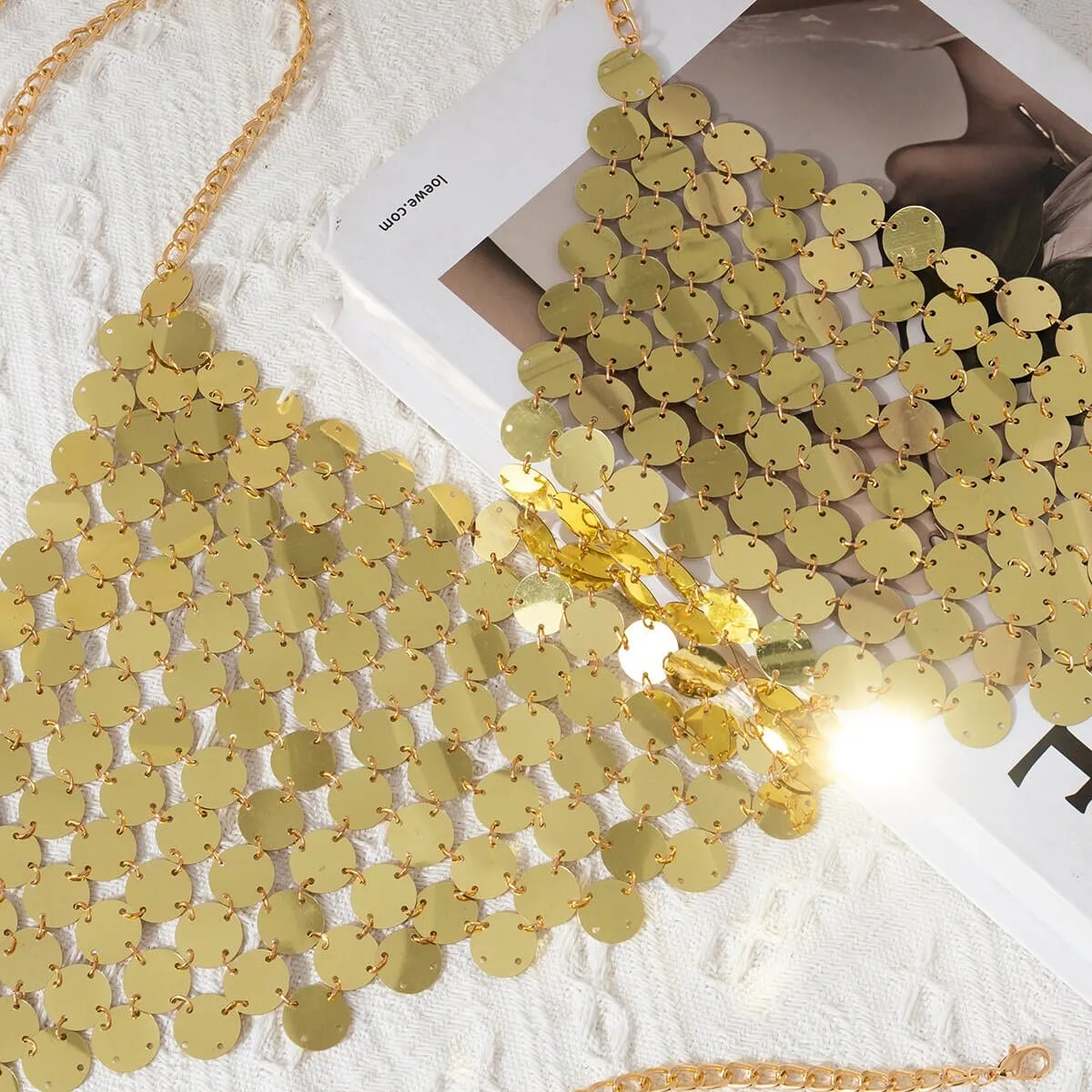 Chic Gold Silver Tone Backless Sequins Bra
