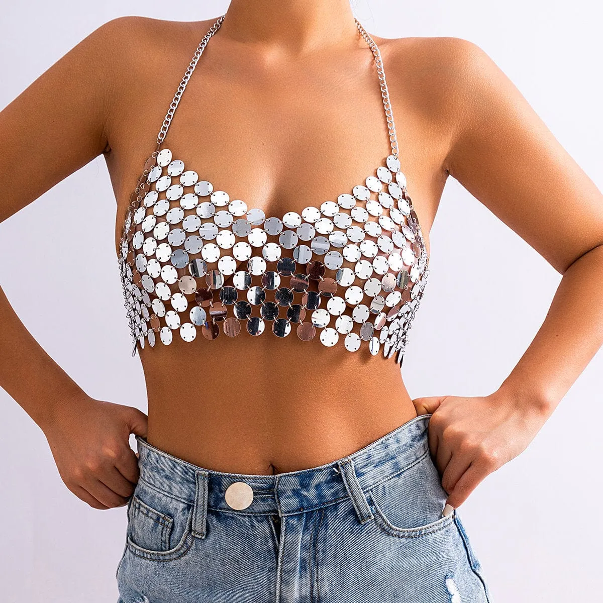 Chic Gold Silver Tone Backless Sequins Bra