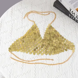 Chic Gold Silver Tone Backless Sequins Bra
