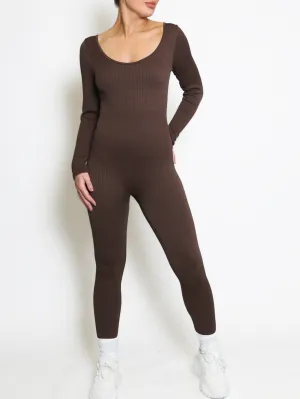 Chocolate Brown Long Sleeves Ribbed Seamless Jumpsuit Unitard