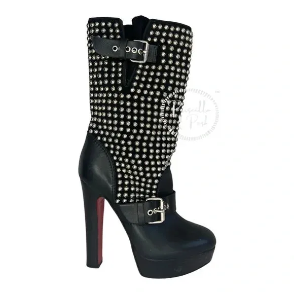 Christian Louboutin Marisa Silver Studded Platform Boot Moto Combat 35.5