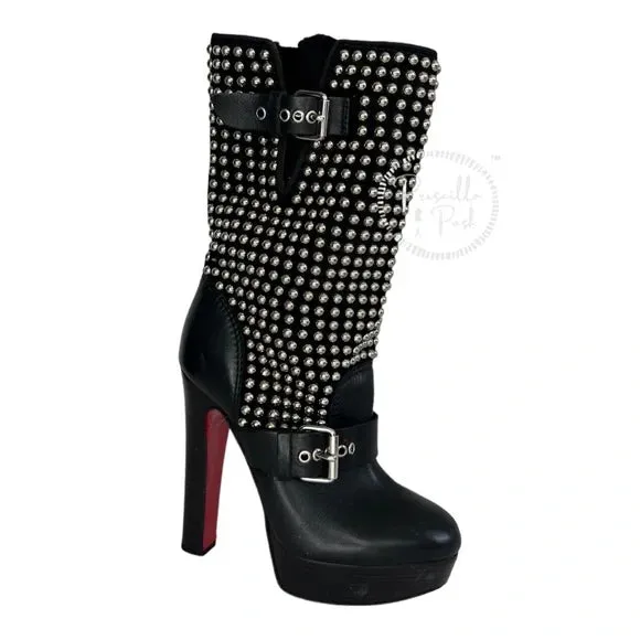 Christian Louboutin Marisa Silver Studded Platform Boot Moto Combat 35.5