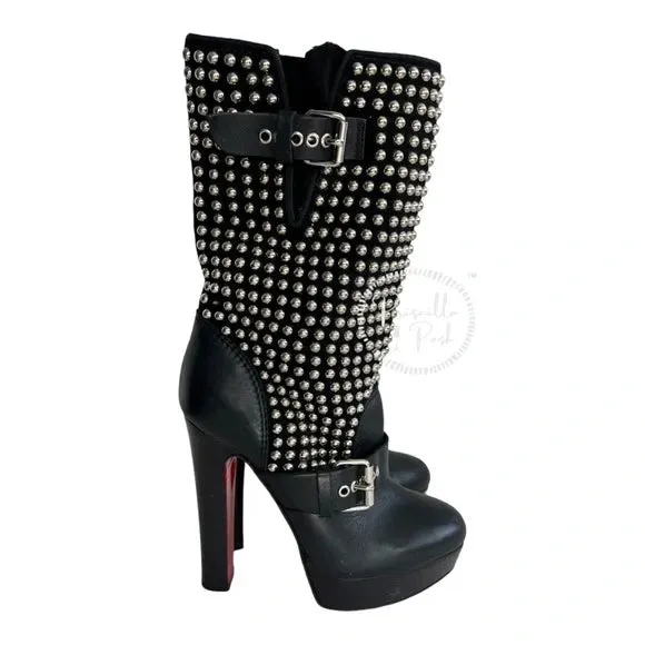 Christian Louboutin Marisa Silver Studded Platform Boot Moto Combat 35.5