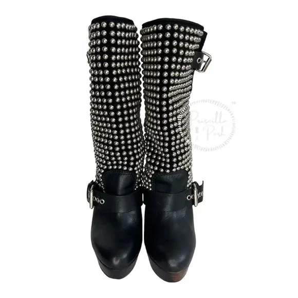 Christian Louboutin Marisa Silver Studded Platform Boot Moto Combat 35.5