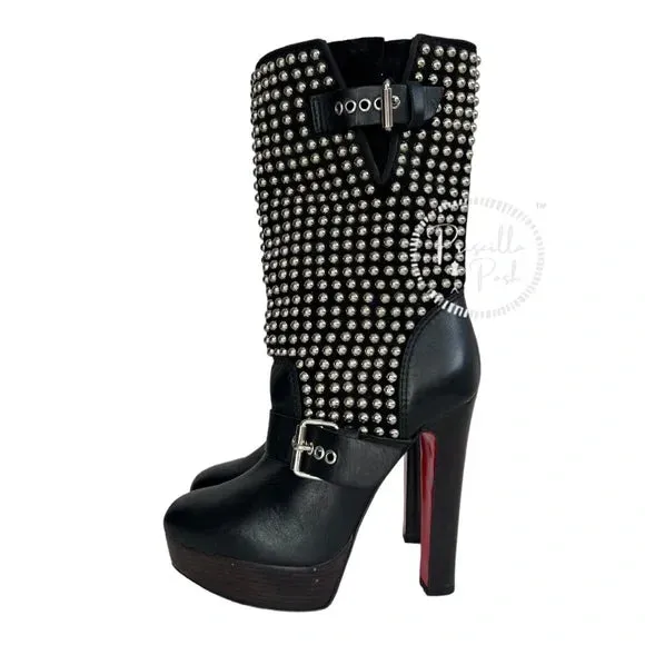 Christian Louboutin Marisa Silver Studded Platform Boot Moto Combat 35.5