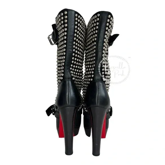 Christian Louboutin Marisa Silver Studded Platform Boot Moto Combat 35.5