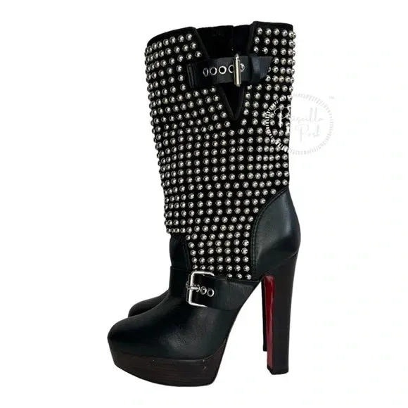 Christian Louboutin Marisa Silver Studded Platform Boot Moto Combat 35.5