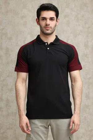 CONTRAST PANEL SPORTS POLO SHIRT-BLK-MAROON