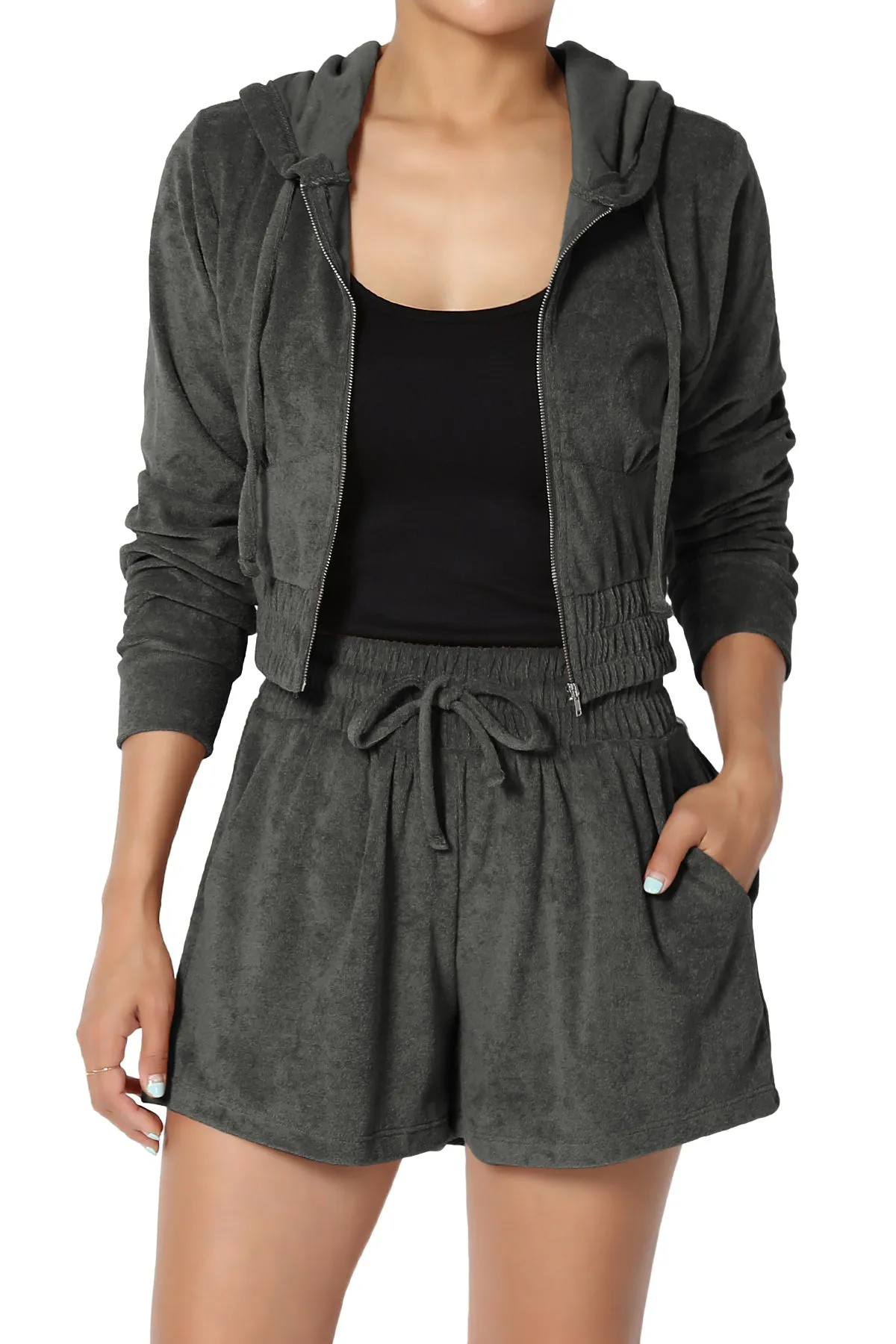 Cotton Terry Zip Up Crop Hoodie & Shorts SET