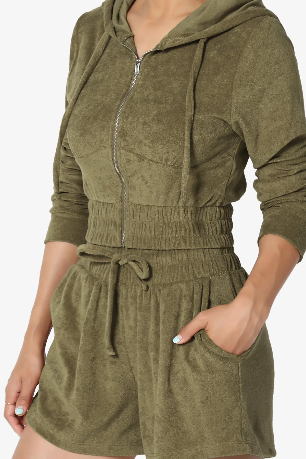 Cotton Terry Zip Up Crop Hoodie & Shorts SET