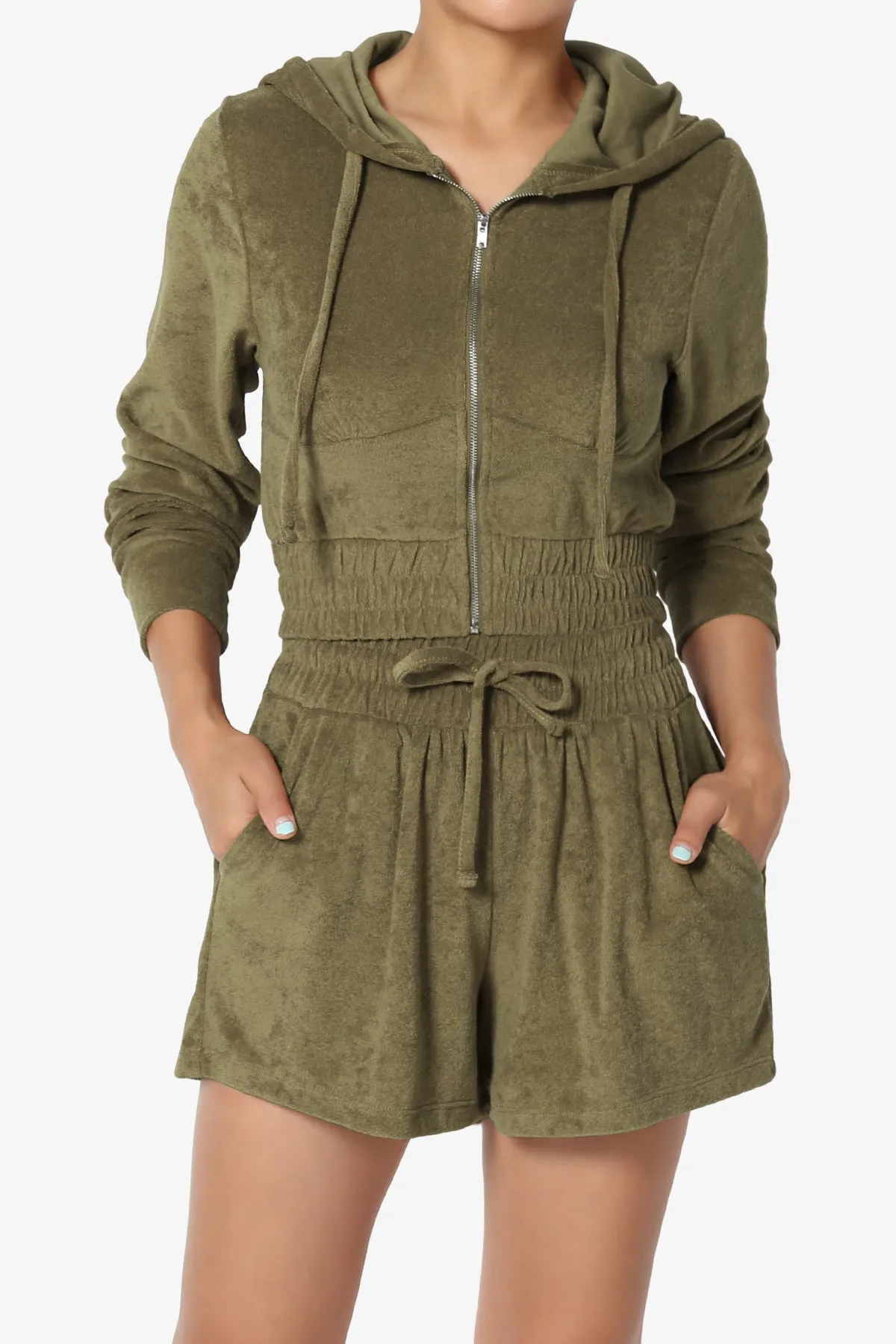 Cotton Terry Zip Up Crop Hoodie & Shorts SET