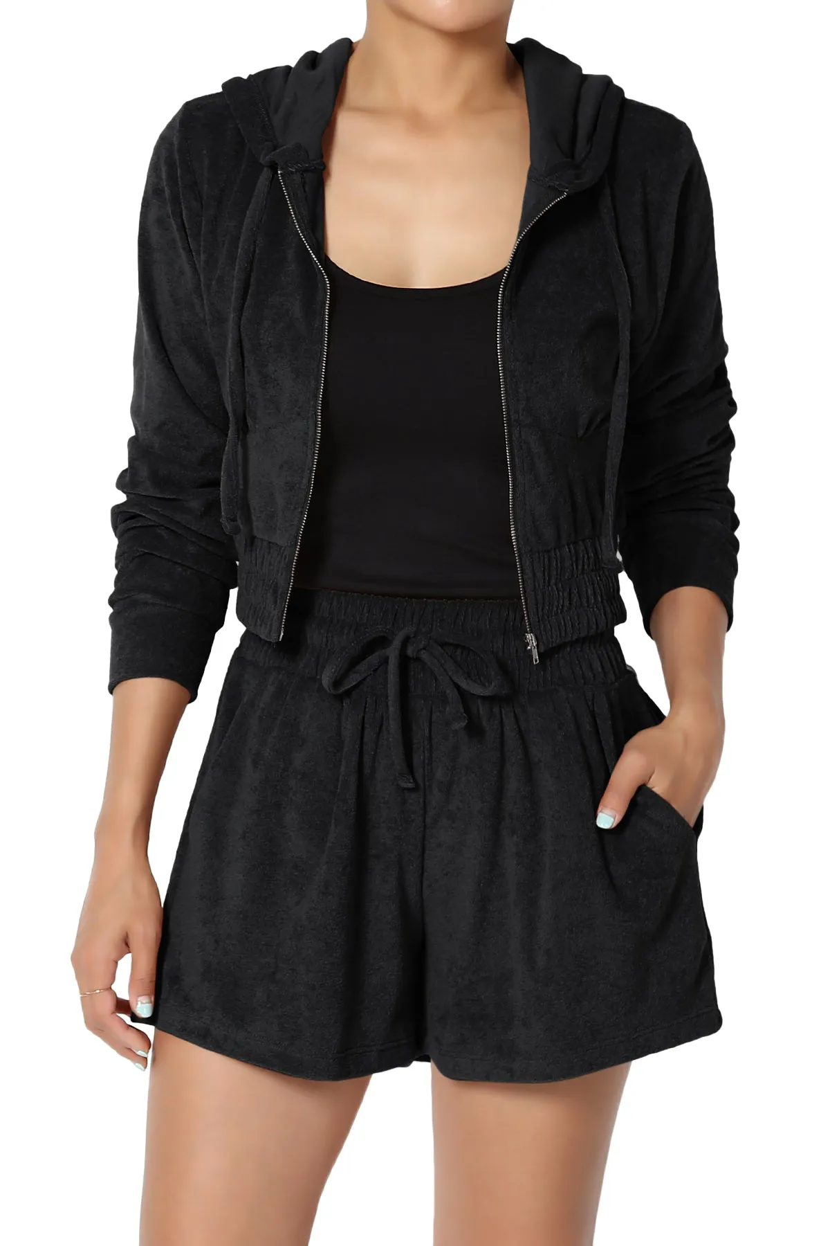 Cotton Terry Zip Up Crop Hoodie & Shorts SET