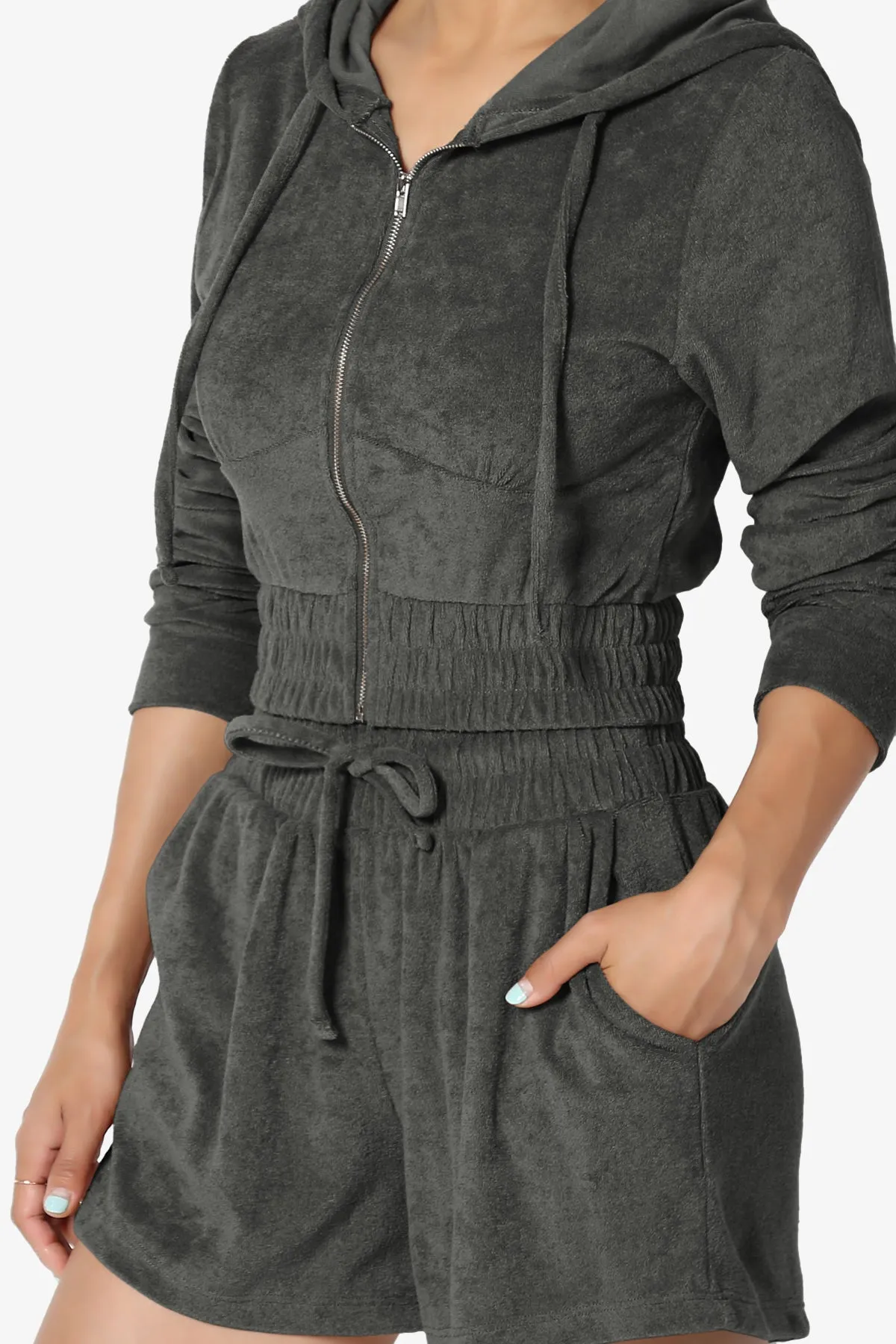 Cotton Terry Zip Up Crop Hoodie & Shorts SET