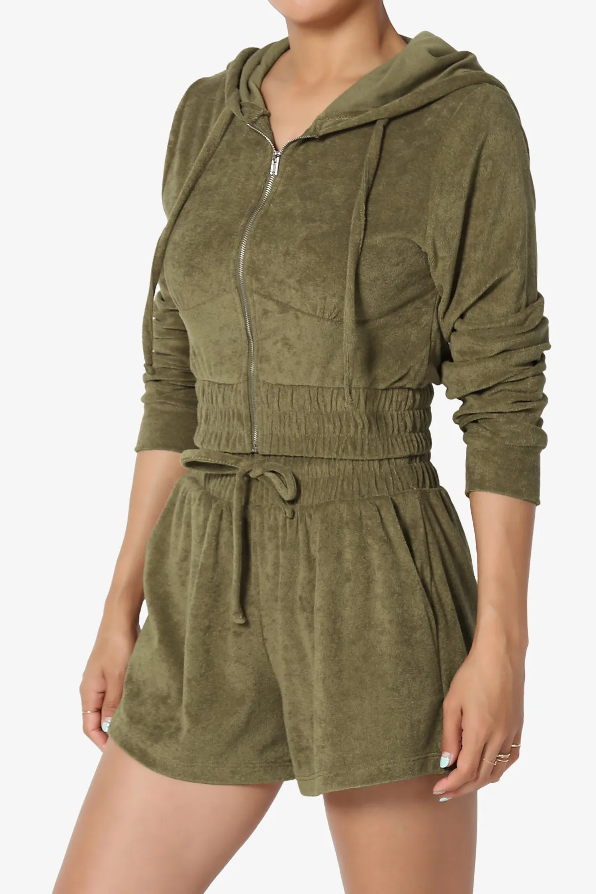 Cotton Terry Zip Up Crop Hoodie & Shorts SET