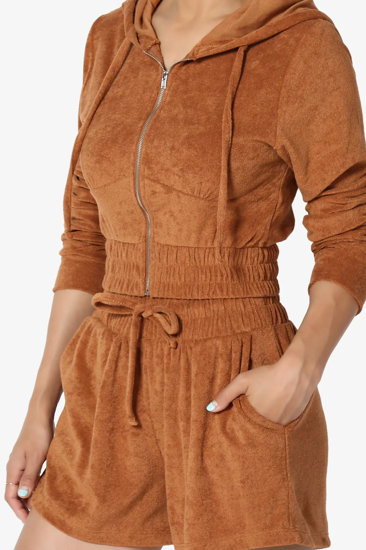 Cotton Terry Zip Up Crop Hoodie & Shorts SET