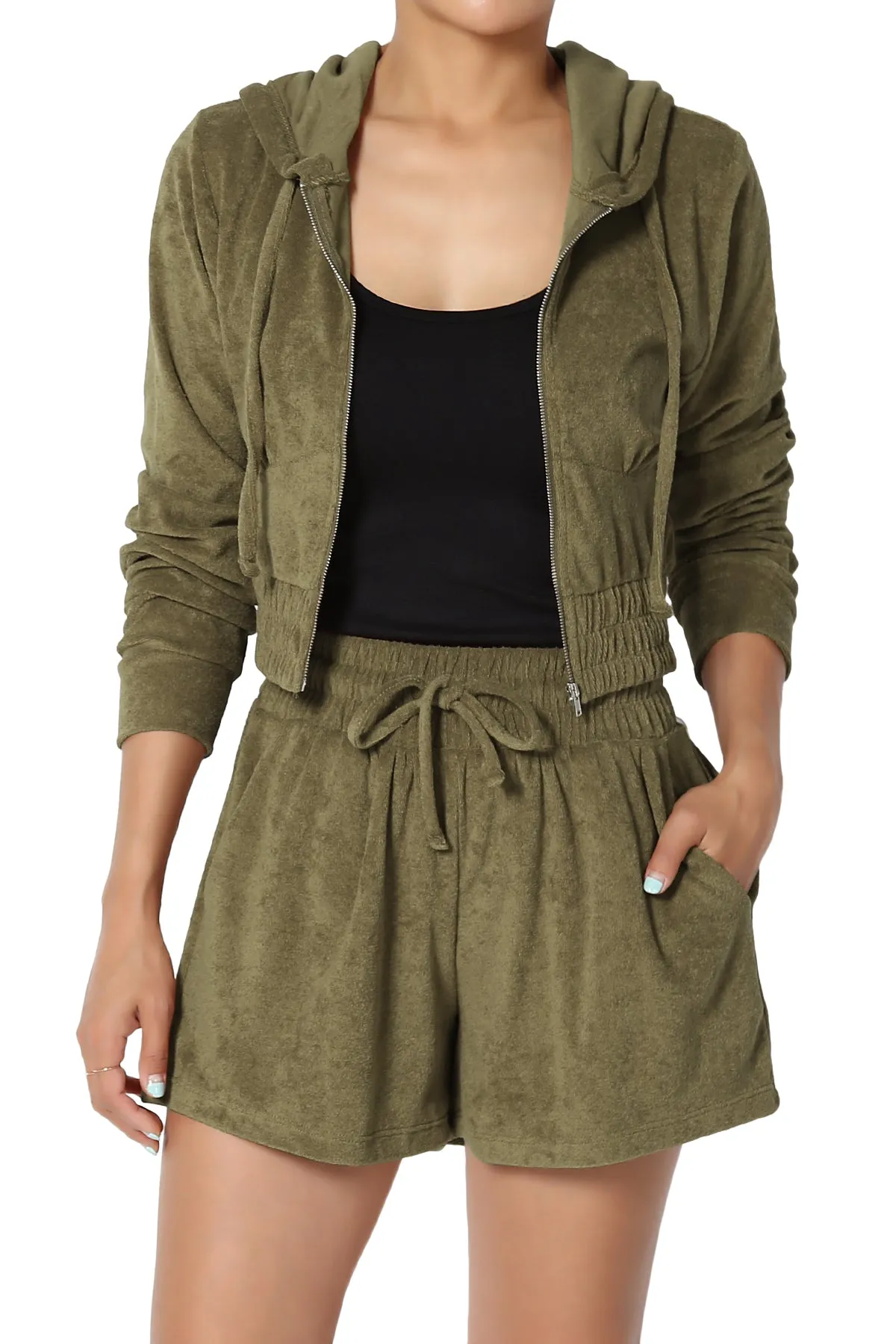 Cotton Terry Zip Up Crop Hoodie & Shorts SET