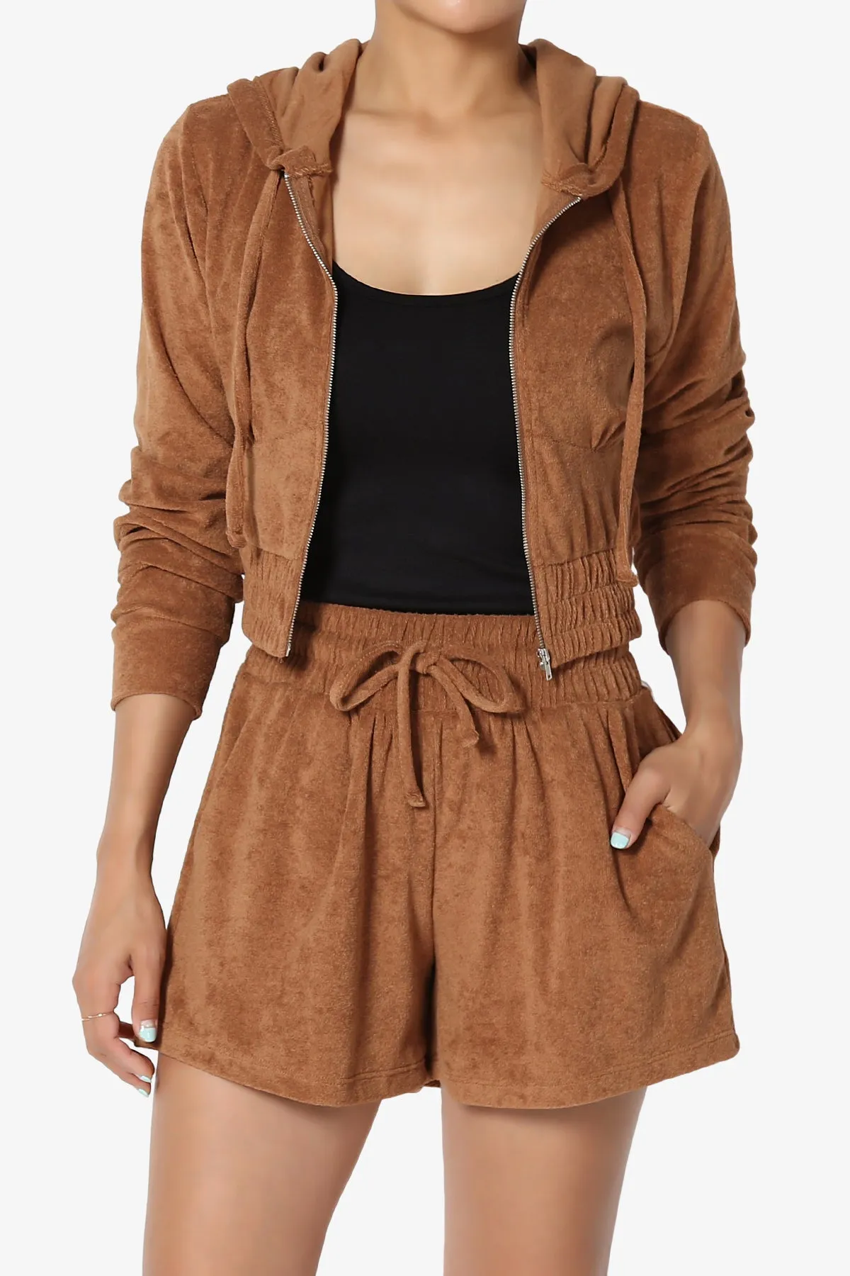 Cotton Terry Zip Up Crop Hoodie & Shorts SET