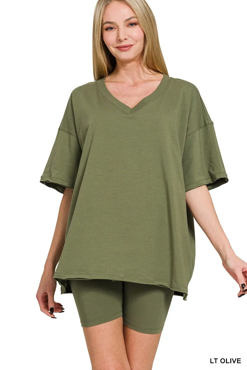 COTTON V-NECK TOP & BIKER SHORTS SET