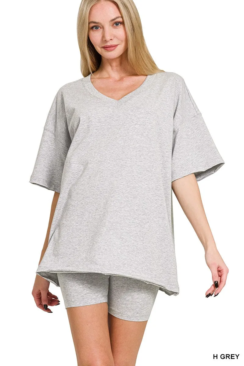 COTTON V-NECK TOP & BIKER SHORTS SET